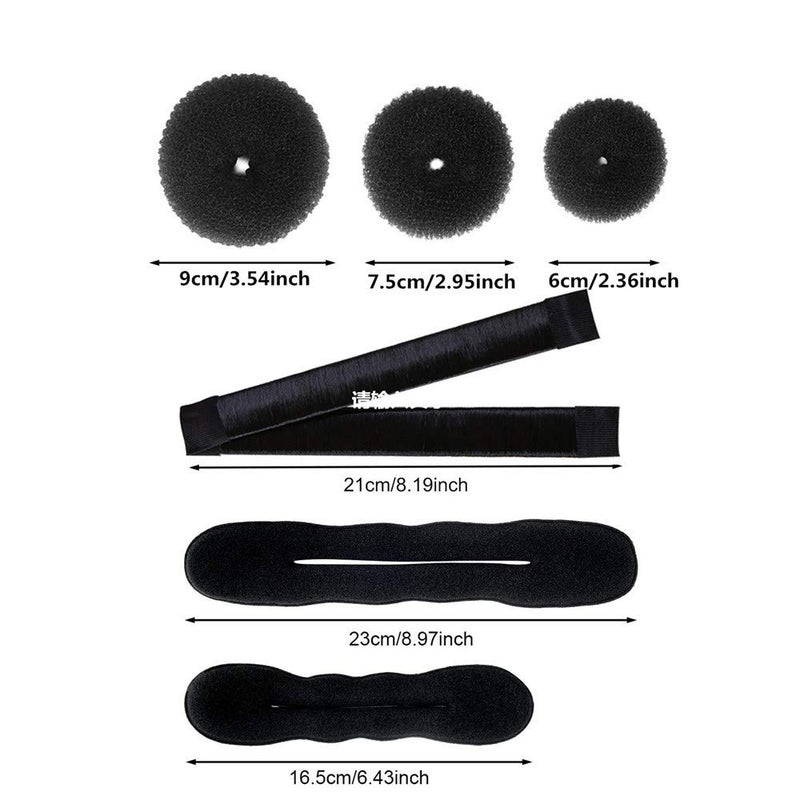 iFlyMars Hair Accessories Set: 3 Donut Bun Makers, 2 Foam Sponge Shapers, 1 French Twist Clip, 2 Snap Buns, 10 Elastics, 20 Pins (Black) - Image 2